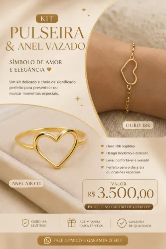 Kit em ouro 18k, anel de coração vazado + pulseira coração vazado
