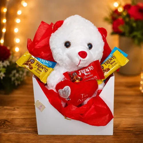Cesta de chocolates e urso