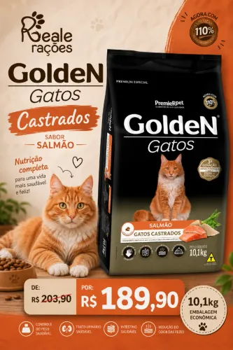 Ração Golden Gatos Castrados Salmão 10,1kg + entrega grátis