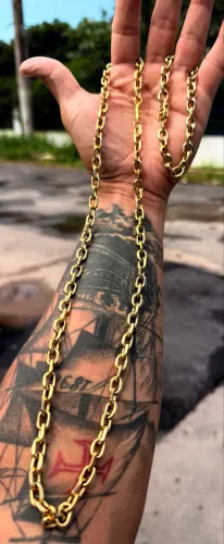 Cordão com pulseira em aço inox banhados a ouro 18