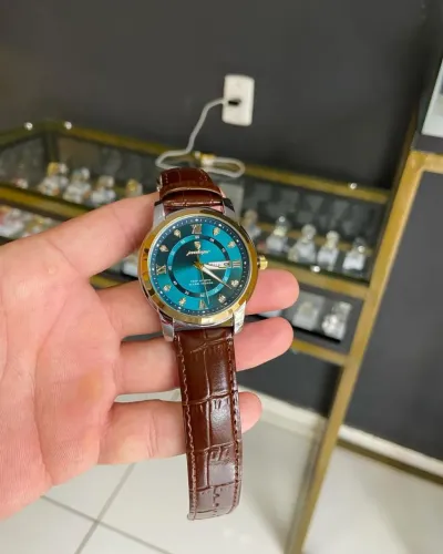 Relógio masculino poedagar caixa de aço pulseira de couro novo na caixa lacrado 