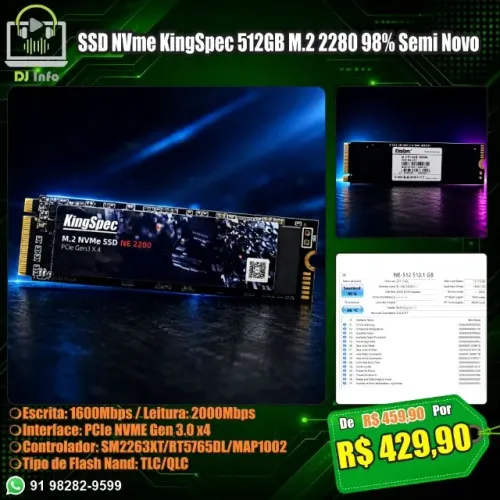 SSD NVme KingSpec 512GB M.2 2280 98% Semi Novo