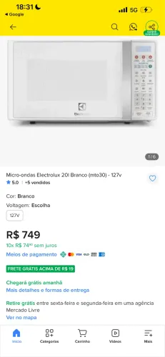 Micro-ondas Electrolux 20l Branco (mto30) - 127v