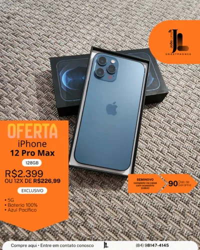 IPHONE 12 PRO MAX, 128GB, AZUL PACÍFICO, BAT 100%, NA CAIXA, SEMINOVO, EXCLUSIVO!