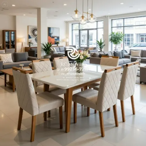 Conjunto Mesa de Jantar com 6 Cadeiras Madeira Tampo Vidro Laqueado 1,70x0,90 Natural