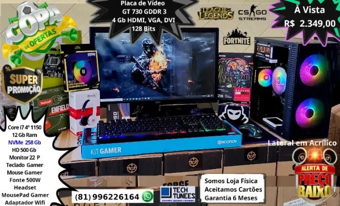 PCs Gamer Completo - Core i5, Core i7 - 12Gb Ram - 360 Gb - Monitor 22 - Placa de Vídeo