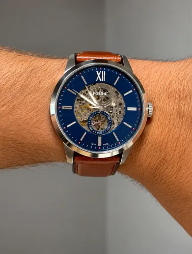 Relógio Fóssil Automático Squeleton prata e azul marinho