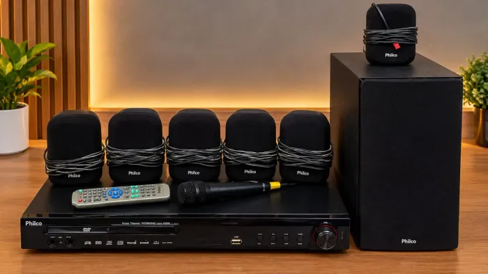 Home Theater Philco Completo 5.1 com DVD, 5 Caixas, Subwoofer e Microfone