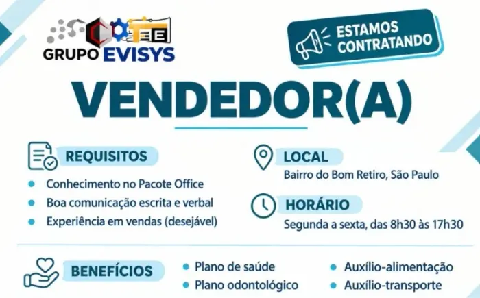 Vaga de trabalho CLT Vendedor (a) Bom Retiro Segunda a Sexta