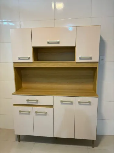 Armário de Cozinha Completo Creme e Madeira - Conservado e Espaçoso