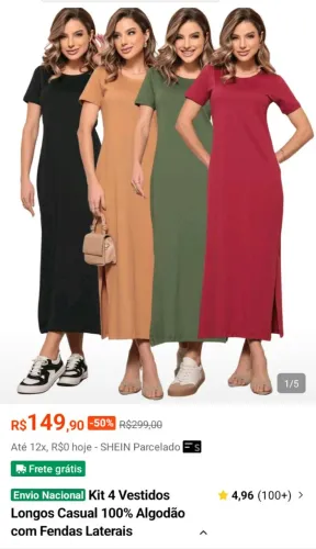 Kit 4 Vestido Longo 100% Algodão com Fendas Laterais 