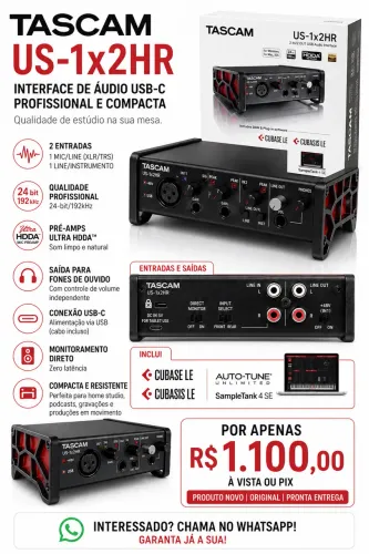 Interface de áudio USB tipo C para desktop Tascam US-1x2HR, cor preta e vermelha