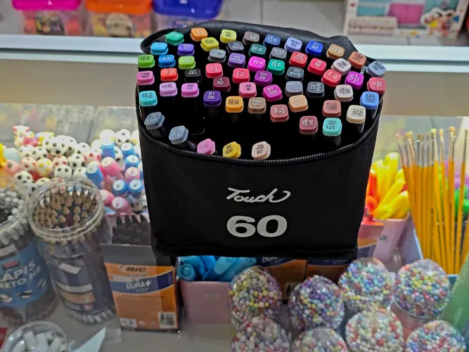 Estojo Canetinhas 60 cores pontas dupla promoção 