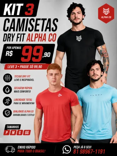 3 Camisetas Dry Fit Alpha Co por R$ 99,90