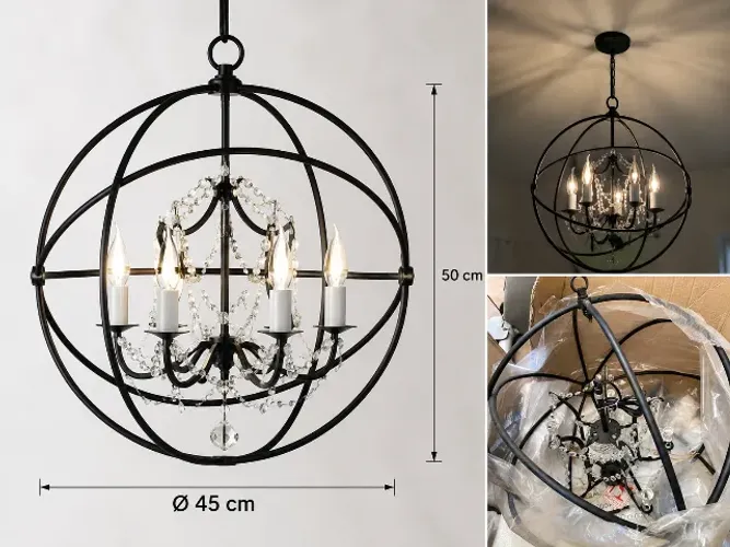 Lustre Orb Preto com Cristais - Estilo Industrial Clássico - Novo