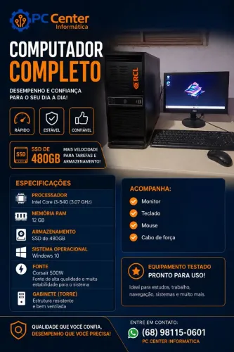 Computador Completo Pronto a Usar - SSD 480GB + 12GB RAM (Ideal para Estudos e Trabalho)