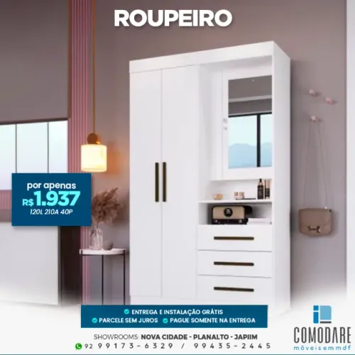 Roupeiro com Espelho, Nichos e 3 Gavetas - R$ 1.937