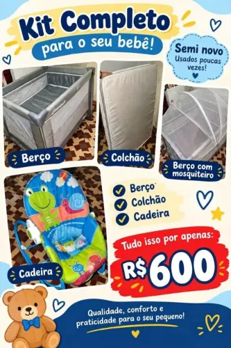 Kit Enxoval Bebê: Berço Portátil + Colchão + Cadeirinha de Descanso - Seminovo