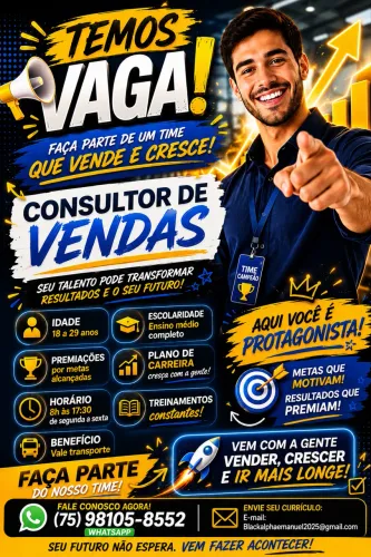 Vaga pra consultor de vendas - 5 Vagas disponíveis