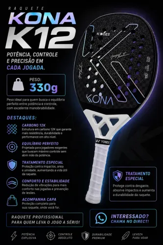 Raquete de Beach Tennis Kona K12 Carbono 12K 330g | Excelente Estado