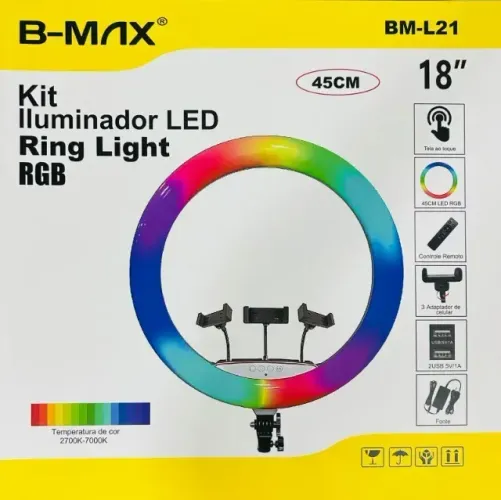 Ring Light RGB 18 Polegadas com Controle Remoto e 3 Suportes para Celular