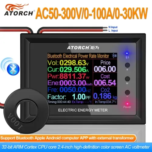 Medidor de Energia Digital Artoch AT24C, 100A, AC 50-300V, Tela de 2,4" TC-Externo