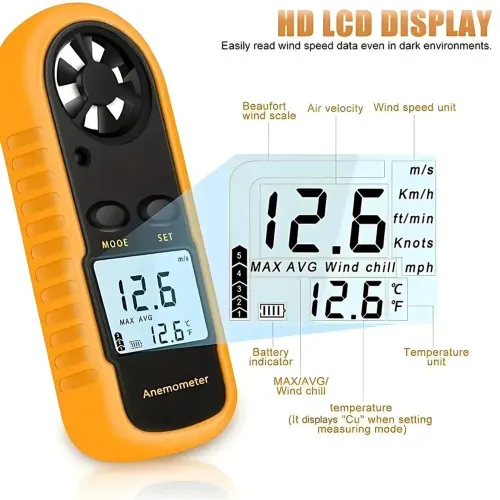 Anemômetro digital, Medidor de velocidade do vento e Temperatura C°, com luz de fundo LCD