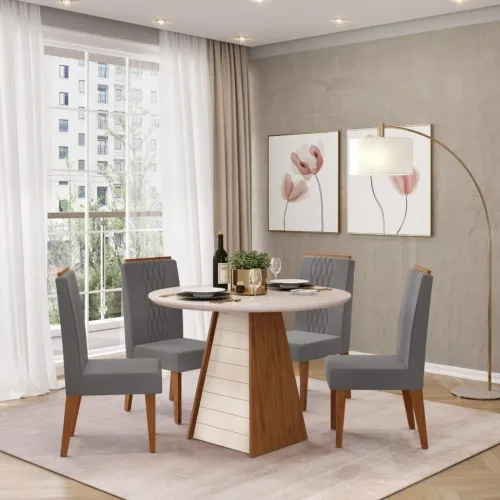 CONJUNTO DE JANTAR MESA REDONDA COM VIDRO E 4 CADEIRAS