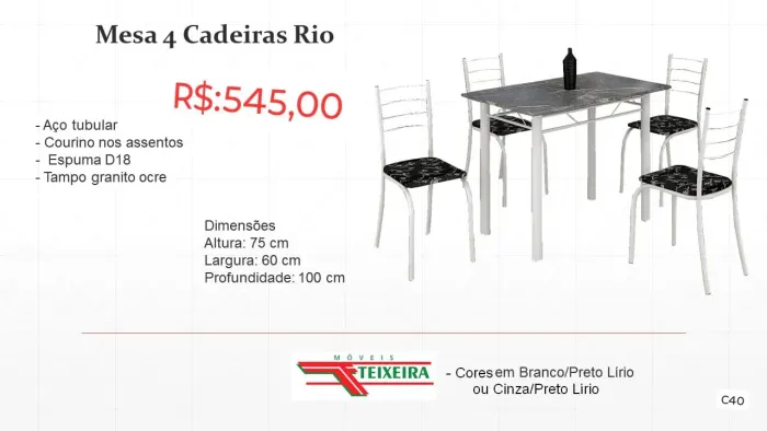Mesa jantar em aço 4 Cadeiras Rio - pague na entrega