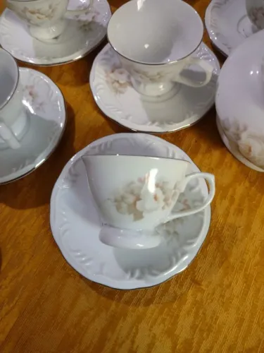 Porcelana Schmidt  com  filete de prata- Kit de xicaras e pires de café  com açucareiro