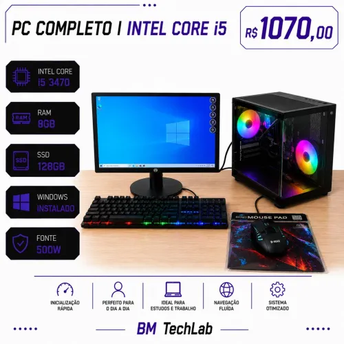 PC Completo | Intel Core i5 3470 | 8GB RAM | Novo<br><br>SSD 128GB<br><br>Monitor 19" | Windows 10