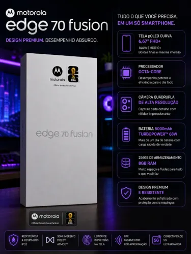 Motorola Edge 70 Fusion 5G - 256GB 24GB (8GB RAM + 16GB RAM Boost), Tela Amoled 144hz 