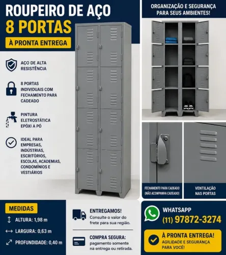 Roupeiro em aço composto por 8 portas pequenas 