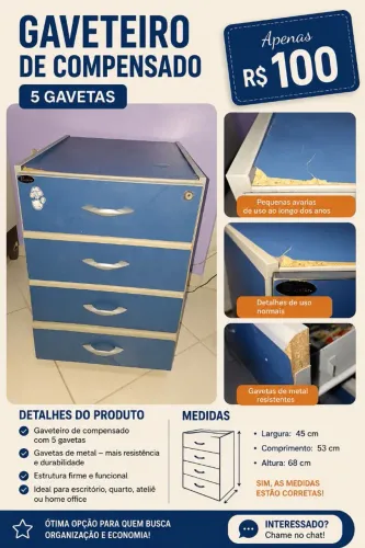 Gaveteiro de compensado 5 gavetas com rodinha