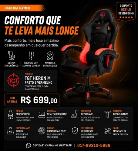 Cadeira Gamer TGT Heron M Preto e Vermelho | Conforto e Estilo | Até 120kg