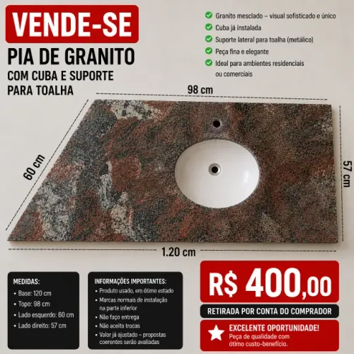 Pia de Granito Natural com Cuba e Suporte para Toalha - Design Funcional e Elegante