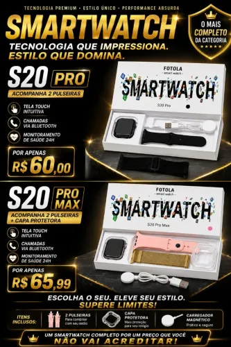 Smartwatch s20 pro e pro max com 2 pulseiras, capa protetora