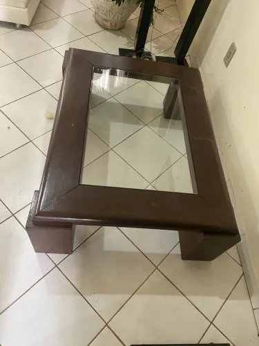 Mesa de centro e canto madeira tampo vidro 