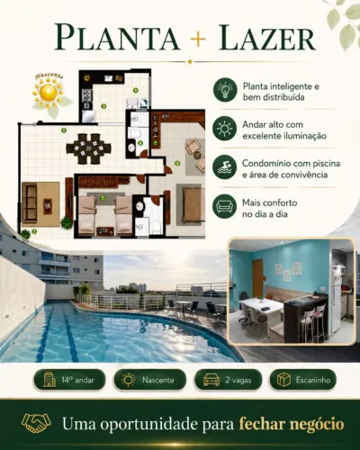 Apartamento 80 m² | 14º andar nascente | 2 vagas | Parque Amazônia