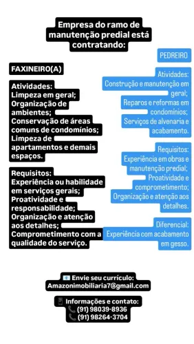 VAGA DE FAXINEIRO(A) E PEDREIRO 