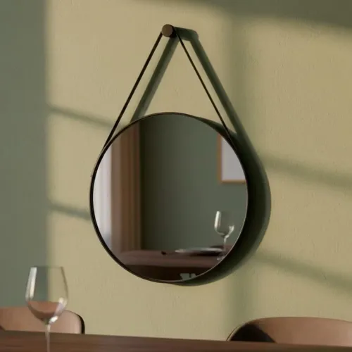 Espelho Redondo Decorativo Suspenso Com Alça 60cm + Suporte Espelho