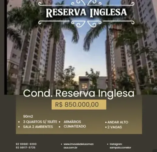 Reserva Inglesa -Ponta Negra,  - andar alto, 90m2, 3 qtos sendo 1 suíte, 2 vagas