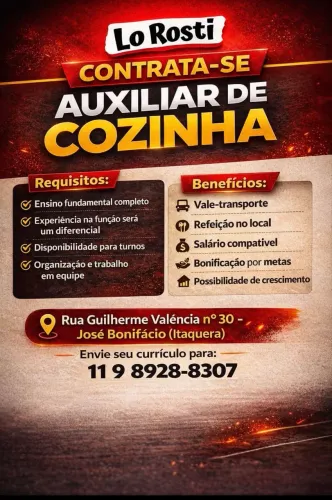 VAGA DE EMPREGO - Aux. de Cozinha - ITAQUERA/SP