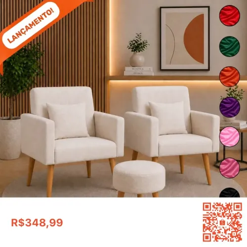 Conjunto 2 Poltronas Decorativo Para Sala Nina e 1 Puff Redondo Pés Palito Suede Aninha 