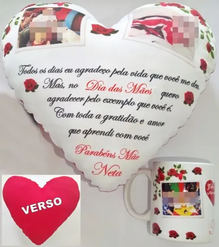 Dia das Mães / Kit Personalizado Almofada Coração + Caneca