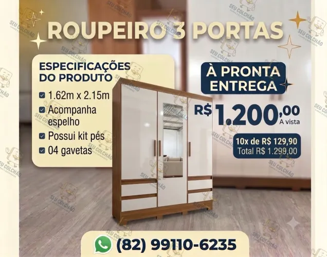 Roupeiro 3 portas com espelho Casal À Pronta entrega