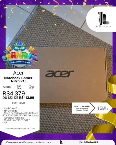 NOTEBOOK ACER GAMER NITRO V15, 512GB, 8GB RAM, TELA 15.6 POL., LACRADO, EXCLUSIVO!