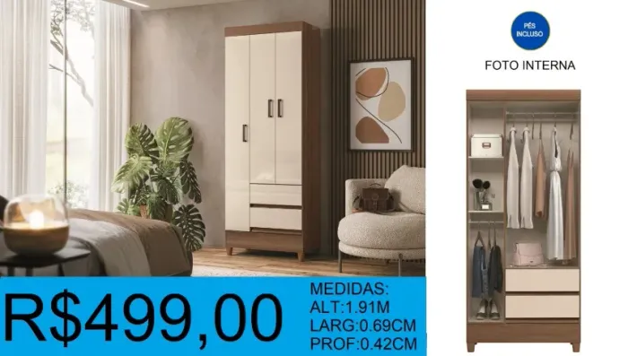 Roupeiro compacto larg:69cm alt:1,91m - à pronta entrega
