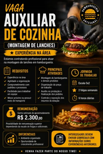 AUXILIAR DE COZINHA (MONTAGEM DE LANCHES - hamburgueria - Pagani palhoça) morar perto)