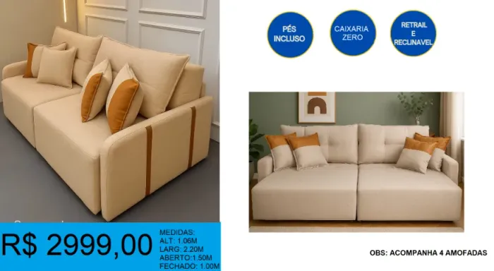 SOFA- RETRAIL E RECLINAVEL -CAIXARIA ZERO - DISPONIVEL EM 2 CORES = TEMOS PRONTA ENTREGA